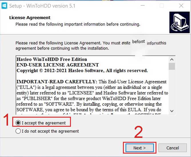 Đồng ý điều khoản cài đặt WinToHDD