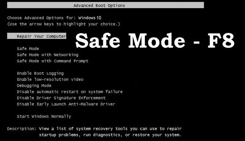 Dùng phím F8 để vào Safe Mode Win 10