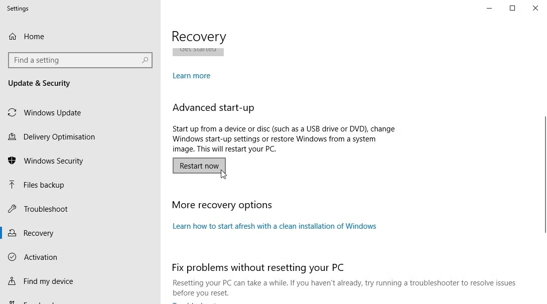 Vào Safe Mode Win 10 trong Settings