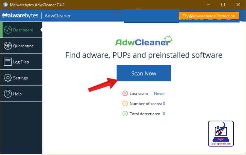 Chấp nhận các điều khoản AdwCleaner xong click chọn nút Scan