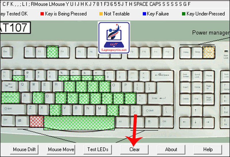 Nhấn vào Clear để xóa lượt kiểm tra bàn phím cũ